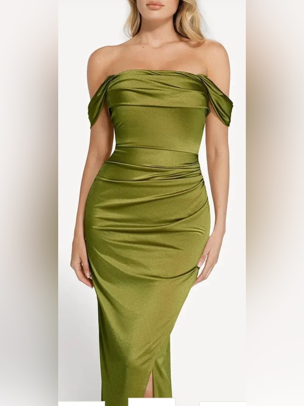 Off-Shoulder Olive Bodycon Midi Dress - Women's Wedding Guest Dress